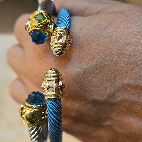 Set - Cuff bracelets Cable Style.  Gold with multiple stones In Blues. Holidays - Picture 2 of 3